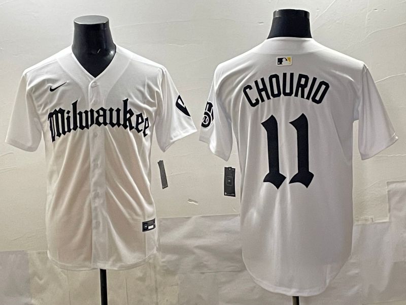 Men 2025 Milwaukee Brewers #11 Chourio White Five generations Joint Name Nike MLB Jersey style 01